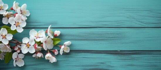 Aufkleber - Close-up of a tree branch adorned with delicate white flowers in full bloom. with copy space image. Place for adding text or design