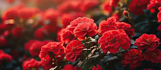 Aufkleber - Numerous red flowers thriving on a flowerbed in the garden. with copy space image. Place for adding text or design