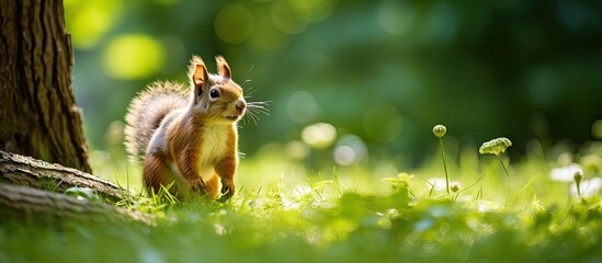 Poster - A cute squirrel is seen standing near a tree in a lush green park, looking around and possibly jumping. with copy space image. Place for adding text or design