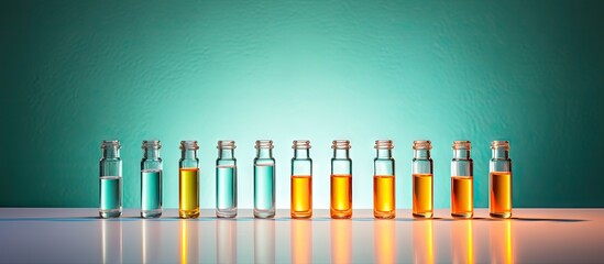 Poster - Multiple oil bottles are organized in a row on the table, with one medical ampoule of a different color placed among them. with copy space image. Place for adding text or design