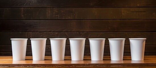 Poster - Six white cups are neatly lined up on a wooden table with a wooden background. with copy space image. Place for adding text or design