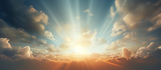 Fototapete - Sunshine radiates through dense clouds in the sky, creating a mesmerizing scene of nature's beauty. with copy space image. Place for adding text or design