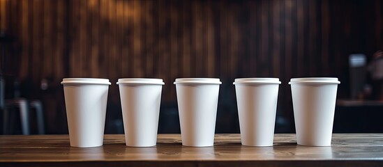 Poster - Four white disposable cups placed neatly on a wooden table. with copy space image. Place for adding text or design