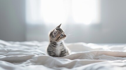 Poster - Lovely tabby kitten playing on the bed : Generative AI
