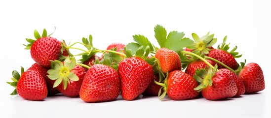 Fototapete - A cluster of natural strawberries with green leaves displayed on a clean white surface. with copy space image. Place for adding text or design