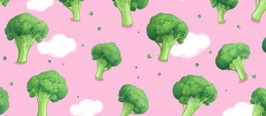 Wall Mural - Close-up view of a bunch of broccoli on a vibrant pink background, creating a seamless and visually appealing pattern. with copy space image. Place for adding text or design