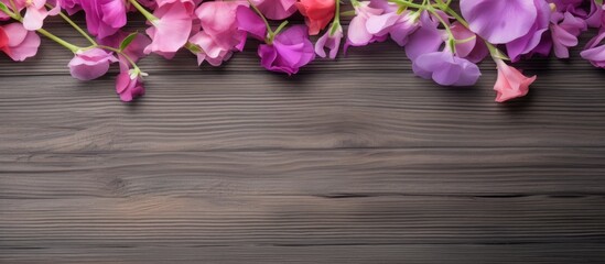 Poster - Pink and purple sweet pea Lathyrus odoratus blossoms arranged on a rustic wooden table contrasting against a dark painted background. with copy space image. Place for adding text or design