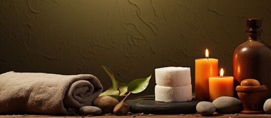 Aufkleber - Arrangement of candles, towels, and a bottle of wine on a table in a spa setting with stones, bath oil, and copy space available