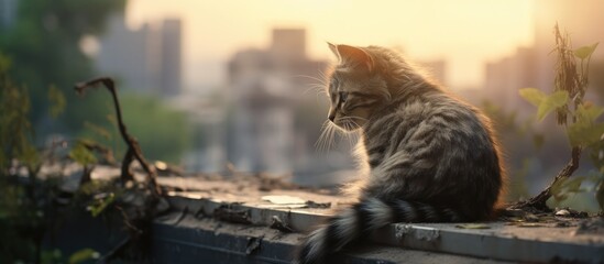 Poster - Capturing a melancholic homeless cat perched on a rooftop, surrounded by trees, resonating with the theme of homelessness for animals. with copy space image. Place for adding text or design