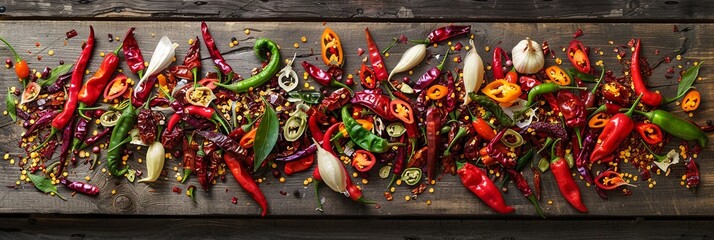 Poster - A vibrant assortment of fresh and dried chili peppers, ranging in color from fiery red to bright green, lays scattered on a weathered wooden surface. Generative AI