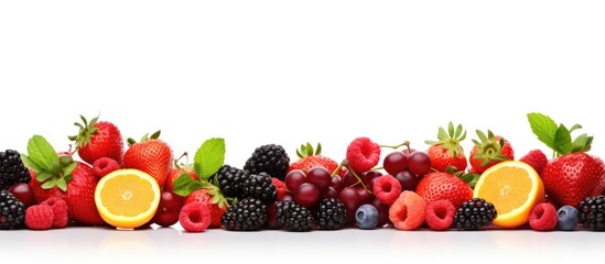 Aufkleber - Assortment of various ripe, sweet fruits and berries displayed together on a clean white background. with copy space image. Place for adding text or design