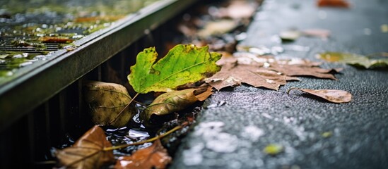 Aufkleber - Leaf resting near a clogged street water drain by debris obstructing rainwater flow. with copy space image. Place for adding text or design