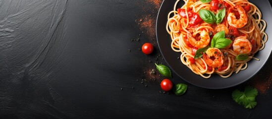 Wall Mural - Spaghetti pasta served with shrimp, tomatoes, and spicy arrabbiata sauce on a sleek black background. with copy space image. Place for adding text or design