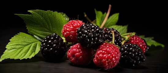 Poster - A display of ripe blackberries and raspberries, accompanied by green leaves, placed on a flat surface. with copy space image. Place for adding text or design