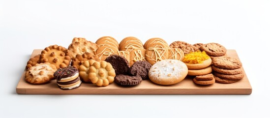 Poster - Assorted cookies beautifully arranged on a tray, placed on a wooden table. with copy space image. Place for adding text or design