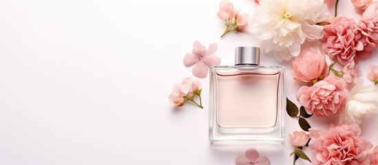 Fototapete - Fragrance bottle surrounded by vibrant blossoms, emitting a floral scent. with copy space image. Place for adding text or design
