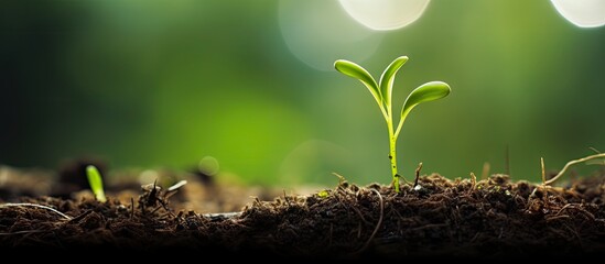 Poster - A close-up view of a tiny plant sprouting from the ground, showcasing nature's growth and renewal process. with copy space image. Place for adding text or design