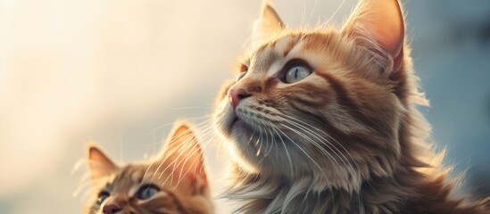 Poster - Curious felines peer up at the sky from a window ledge with interest and wonder. with copy space image. Place for adding text or design