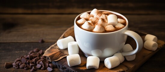 Fototapete - A cup of hot chocolate adorned with marshmallows sits on a rustic wooden board. with copy space image. Place for adding text or design