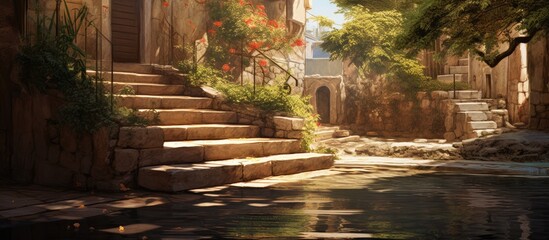 Poster - Steps in village ponds and stairs at the village. with copy space image. Place for adding text or design