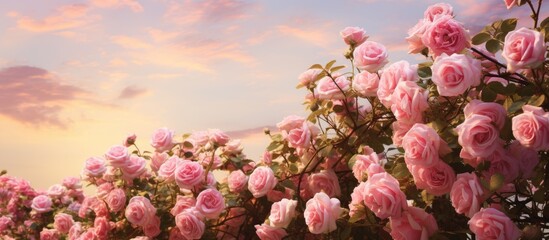 Aufkleber - Pink roses blooming gracefully in a field as the sun sets on the horizon. with copy space image. Place for adding text or design