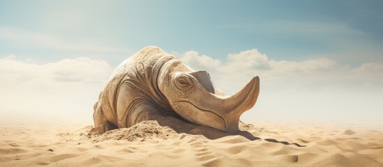 Aufkleber - Giraffe peacefully lounging on sandy beach under the sun on a beautiful day with clear blue skies. with copy space image. Place for adding text or design