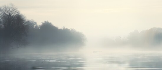 Poster - Duck peacefully drifts in the center of a fog-covered lake on a tranquil day. with copy space image. Place for adding text or design