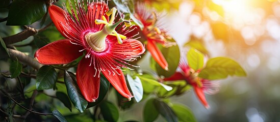 Aufkleber - Passiflora Scarlet Flame, a red passion flower, in vibrant bloom on a tree plant. with copy space image. Place for adding text or design