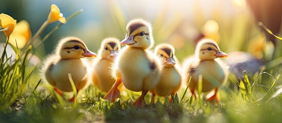 Aufkleber - Multiple cute ducklings walking on green grass under the warmth of the sun, embodying the charm of youth. with copy space image. Place for adding text or design