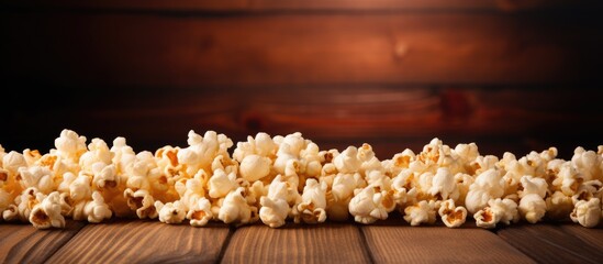 Aufkleber - Fresh popcorn kernels scattered on a rustic wooden table creating a contrasting setup against a dark background. with copy space image. Place for adding text or design