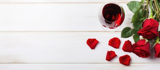 Poster - Red roses, a glass of wine, and Valentine's Day gifts on a white wooden table, creating a romantic setting. with copy space image. Place for adding text or design