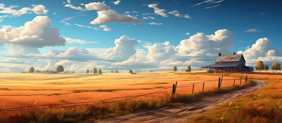 Aufkleber - Rural scenery featuring a tranquil farm road stretching towards a charming farmhouse nestled amid nature. with copy space image. Place for adding text or design