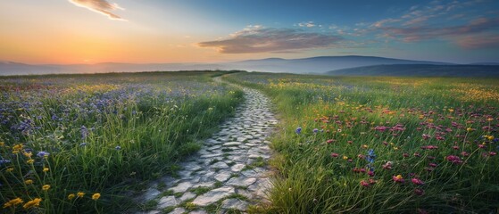 Wall Mural - A charming cobblestone pathway winding through a meadow carpeted with a riot of wildflowers, leading towards a distant horizon painted with the pastel hues of Spring. 