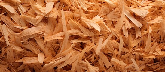 Poster - Close-up view of a stack of wood chips, showing the texture of pressed brown wood shavings. with copy space image. Place for adding text or design