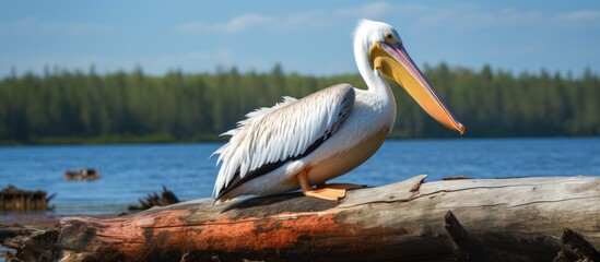 Poster - Large pelican rests peacefully on wood near water, enjoying the serene surroundings. with copy space image. Place for adding text or design