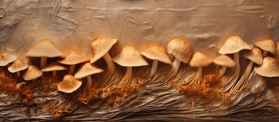 Poster - Numerous mushrooms growing densely on the earth's surface, creating a lush fungal landscape. with copy space image. Place for adding text or design