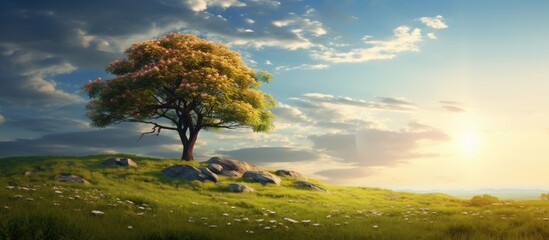 Fototapete - Solitary tree on grassy hill surrounded by rocks and vibrant flowers under the open sky. with copy space image. Place for adding text or design