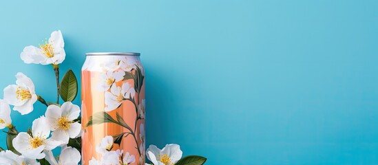 Poster - Peach colored soda can placed against a blue background with delicate floral patterns. with copy space image. Place for adding text or design