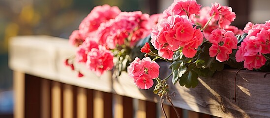 Poster - Pink blooming Geranium pelargonium flowers with dried leaves in a hanging flower pot on balcony fence during autumn winter. with copy space image. Place for adding text or design