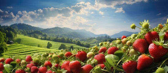 Fototapete - Organic strawberry fields extend under the sun with a majestic mountain in the distance. with copy space image. Place for adding text or design