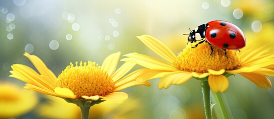 Aufkleber - Red ladybug rests peacefully on vibrant yellow flower petals, adorned with delicate water droplets. with copy space image. Place for adding text or design