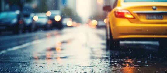 Aufkleber - Yellow car advancing on a rain-soaked urban road, illuminated by oncoming car lights in blue-yellow tones from the dividing line level. with copy space image. Place for adding text or design