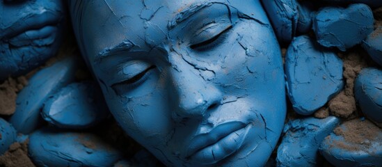 Aufkleber - Detailed view of a sculpture depicting a woman's face in blue color, showcasing intricate features and texture. with copy space image. Place for adding text or design
