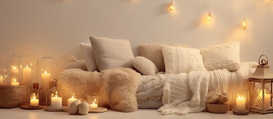Leinwandbilder - Cozy room lit with natural materials in Scandinavian style featuring a close-up of a couch with pillows and candles. with copy space image. Place for adding text or design