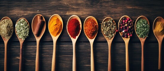 Poster - Various types of spices displayed on wooden spoons, showcasing a diverse range of food ingredients. with copy space image. Place for adding text or design