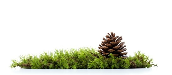 Poster - Pine cone resting on lush green moss, showing intricate details in a macro shot. with copy space image. Place for adding text or design