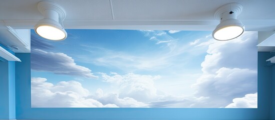 Aufkleber - Ceiling repair master fixing stretch ceiling with light fixture in room featuring sky mural on wall. with copy space image. Place for adding text or design