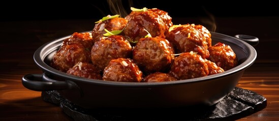 Wall Mural - Juicy pork meatballs cooked in savory sauce, served with a side of vibrant green leaf for added freshness. with copy space image. Place for adding text or design