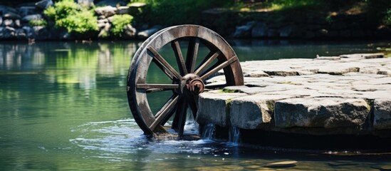 Poster - Metal water mill wheel in pond used for oxygenation in industrial sewage and water treatment processes. with copy space image. Place for adding text or design