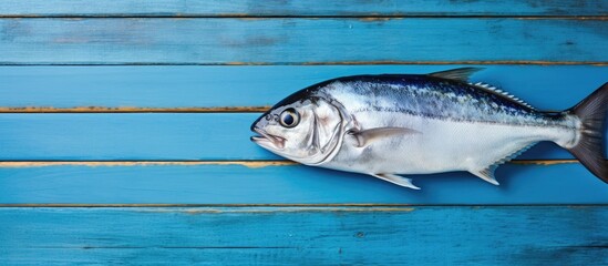 Wall Mural - Bluefish Pomatomus saltatrix, a top view of the fresh fish on a blue wooden table with a distinctive black tail. with copy space image. Place for adding text or design